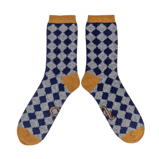 Lammwollsocken Diamonds navy/mustard 42-46