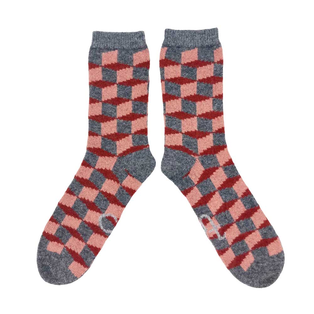 Lammwollsocken Cube pink/grey 42-46
