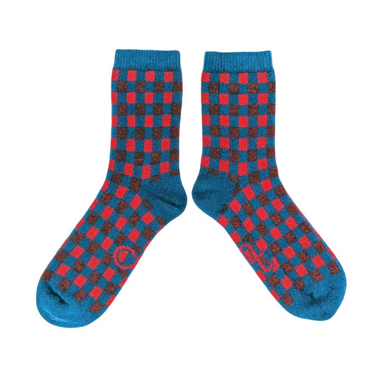 Lammwollsocken Squares teal/red 37-41