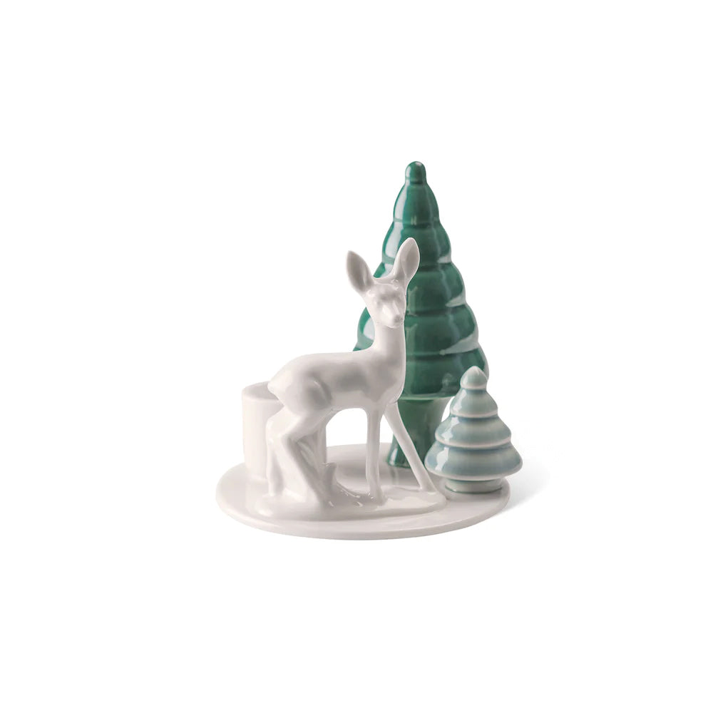 Porcelain candle holder with deer and fir trees for candles ø 22mm