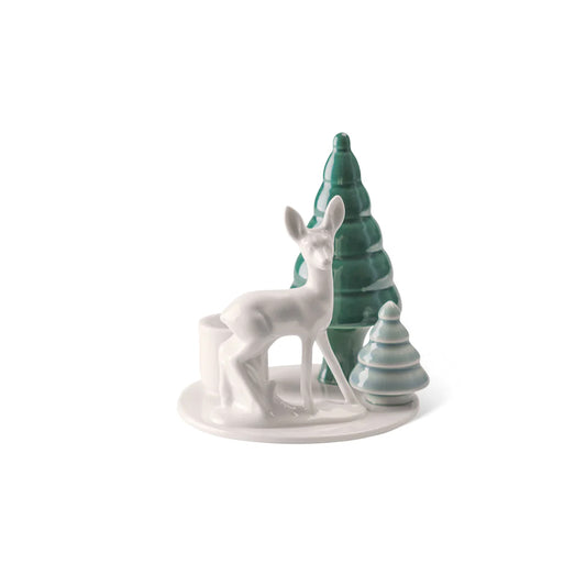 Porcelain candle holder with deer and fir trees for candles ø 22mm