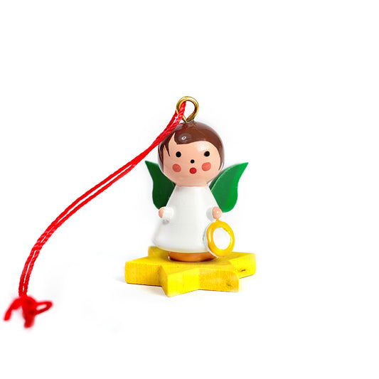 Little angel on yellow star with wreath