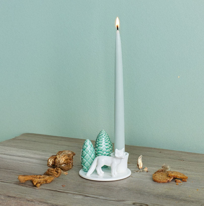 Porcelain candle holder with fox and tree for candles ø 22mm