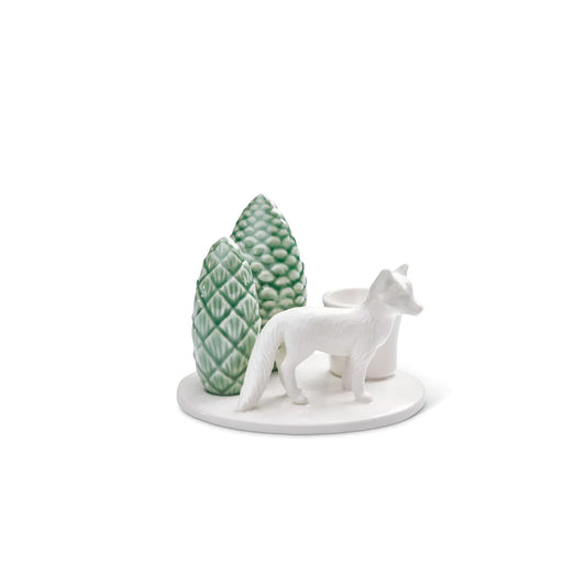 Porcelain candle holder with fox and tree for candles ø 22mm