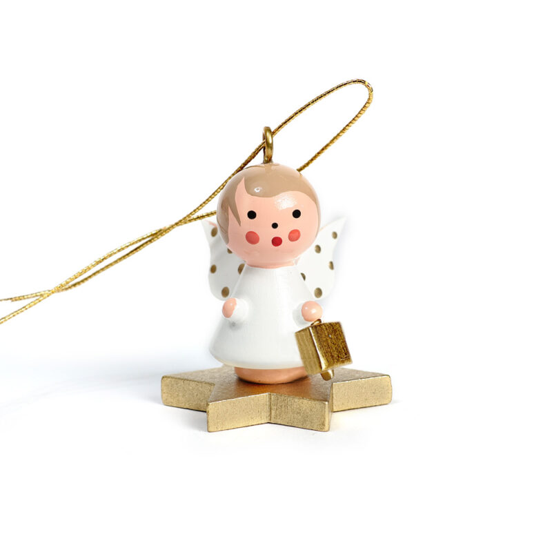 Kleiner Engel Weiß auf Stern mit Geschenk