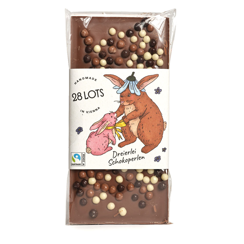 Handgeschöpfte Osterschokolade, Vollmilch mit Schokoperlen